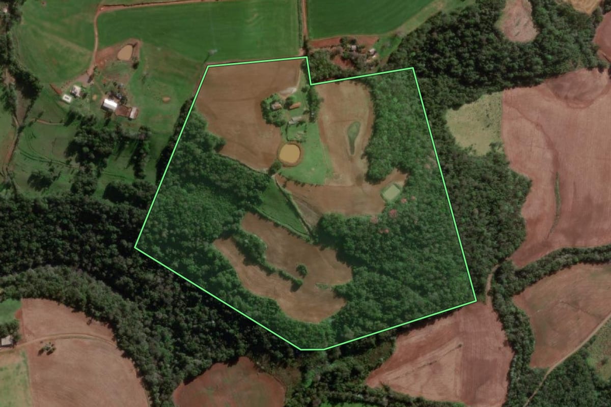 Imagem de satélite do imóvel rural em Tenente Portela (RS), com o contorno declarado no CAR desenhado por cima.
