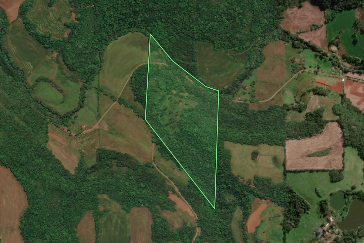 Imagem de satélite do imóvel rural em Tenente Portela (RS), com o contorno declarado no CAR desenhado por cima.