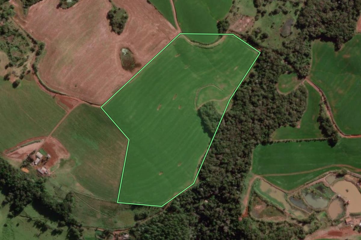 Imagem de satélite do imóvel rural em Tenente Portela (RS), com o contorno declarado no CAR desenhado por cima.