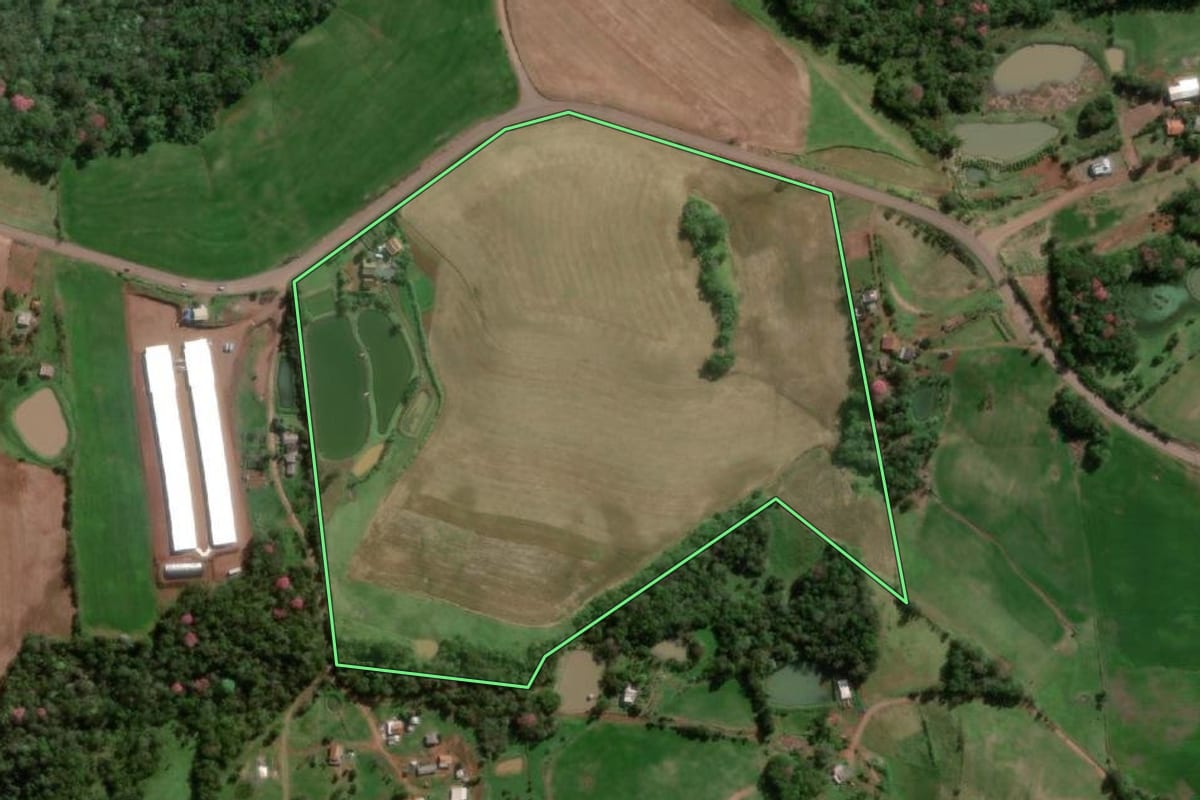 Imagem de satélite do imóvel rural em Tenente Portela (RS), com o contorno declarado no CAR desenhado por cima.