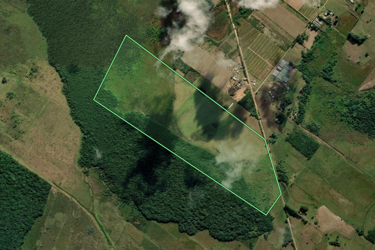 Imagem de satélite do imóvel rural em Terra de Areia (RS), com o contorno declarado no CAR desenhado por cima.