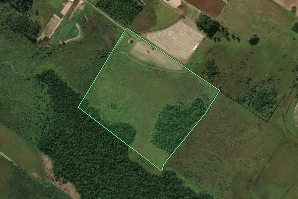 Imagem de satélite do imóvel rural em Terra de Areia (RS), com o contorno declarado no CAR desenhado por cima.