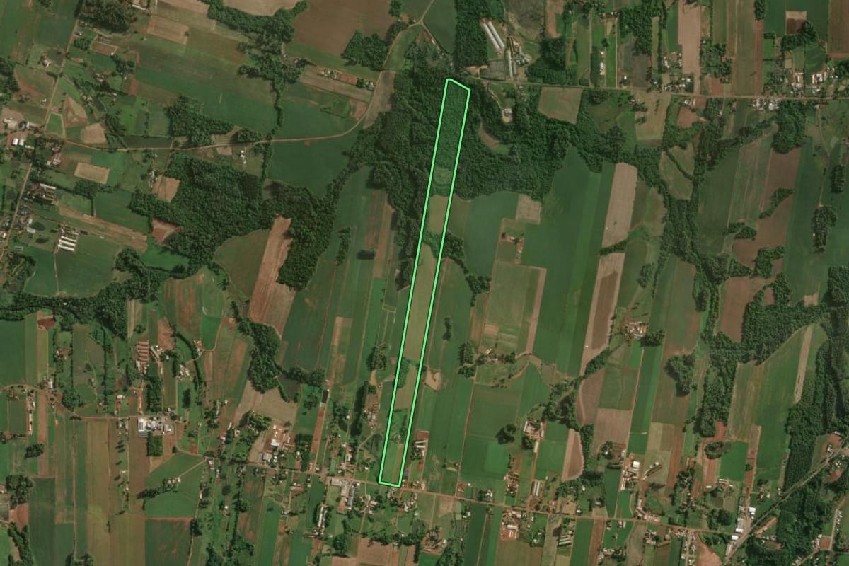 Imagem de satélite do imóvel rural em Teutônia (RS), com o contorno declarado no CAR desenhado por cima.