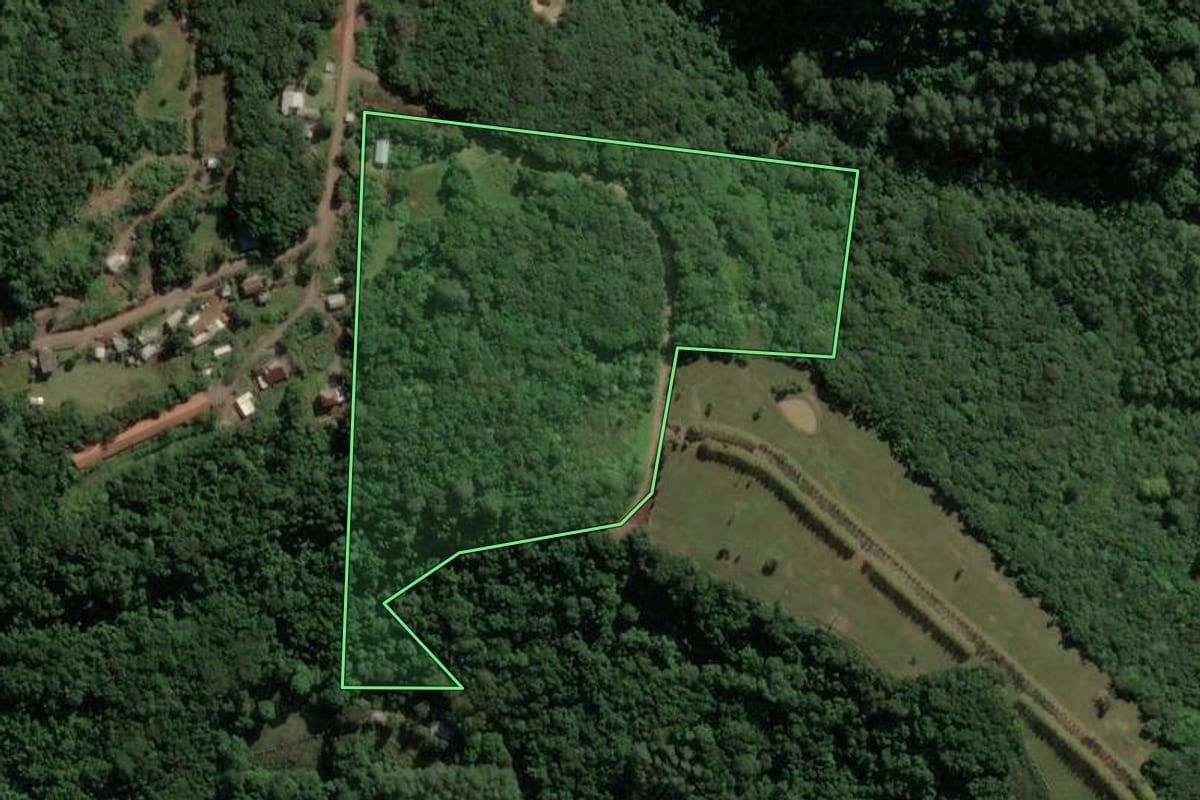 Imagem de satélite do imóvel rural em Teutônia (RS), com o contorno declarado no CAR desenhado por cima.