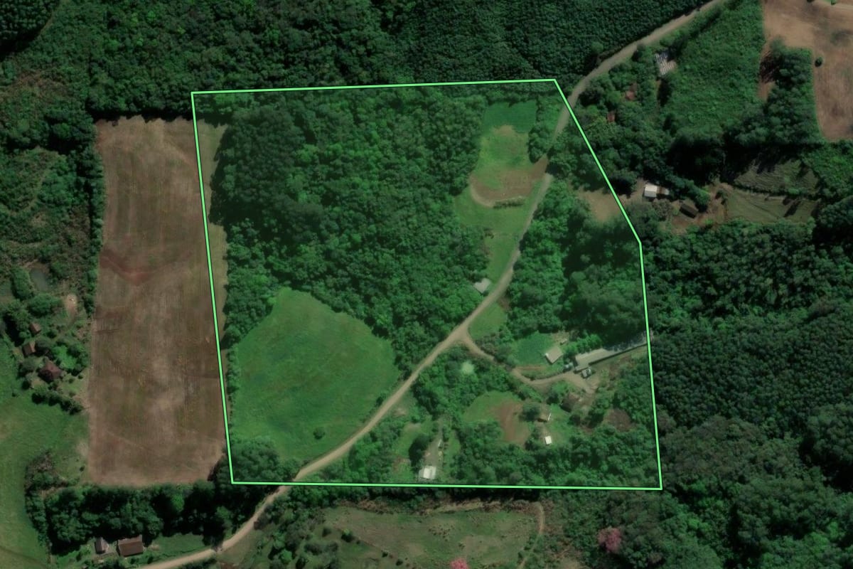 Imagem de satélite do imóvel rural em Teutônia (RS), com o contorno declarado no CAR desenhado por cima.