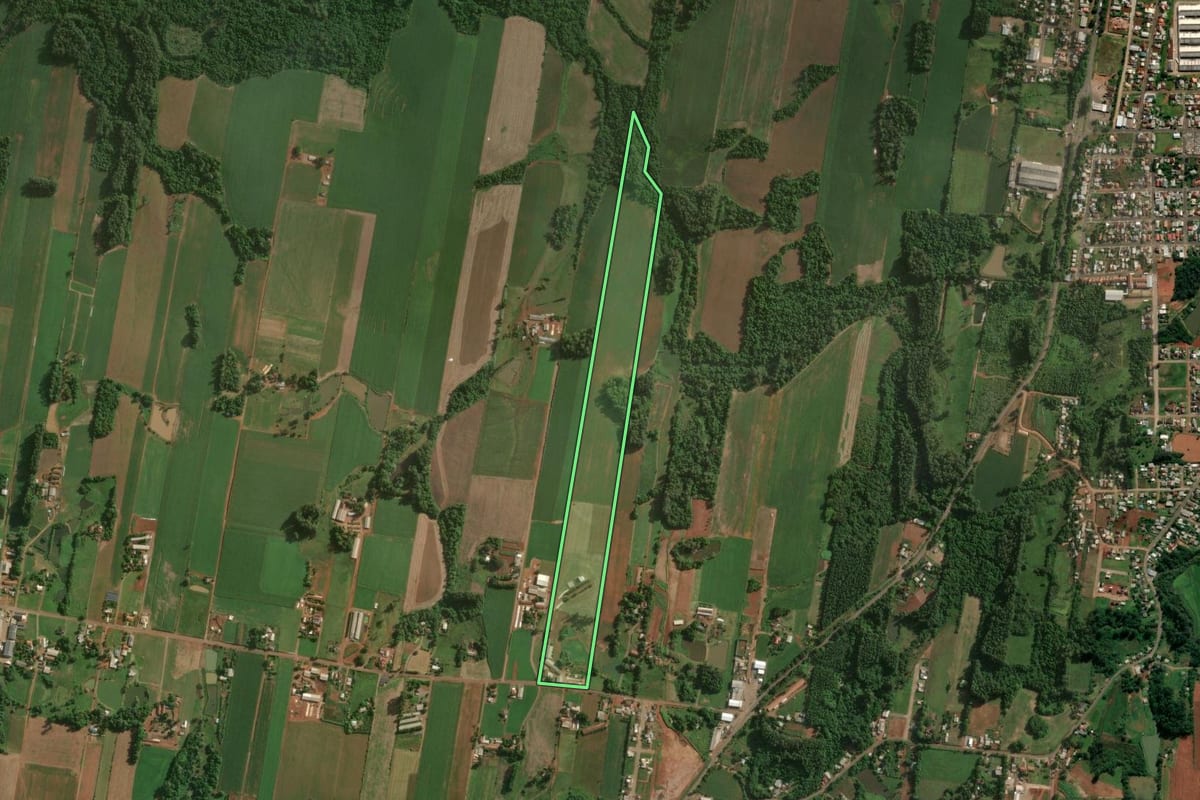 Imagem de satélite do imóvel rural em Teutônia (RS), com o contorno declarado no CAR desenhado por cima.