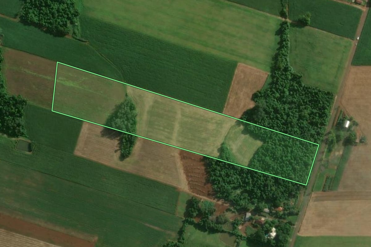 Imagem de satélite do imóvel rural em Teutônia (RS), com o contorno declarado no CAR desenhado por cima.