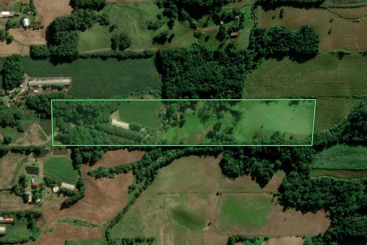 Imagem de satélite do imóvel rural em Teutônia (RS), com o contorno declarado no CAR desenhado por cima.