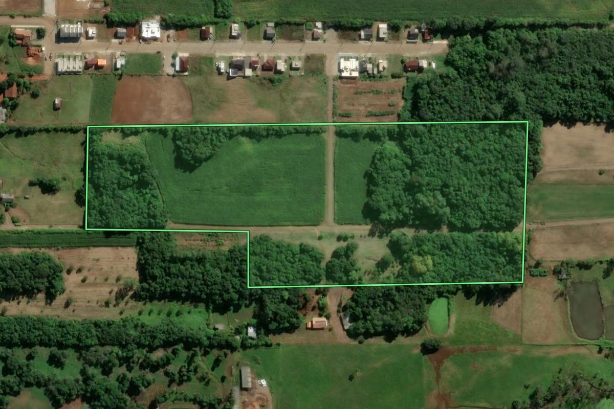 Imagem de satélite do imóvel rural em Teutônia (RS), com o contorno declarado no CAR desenhado por cima.