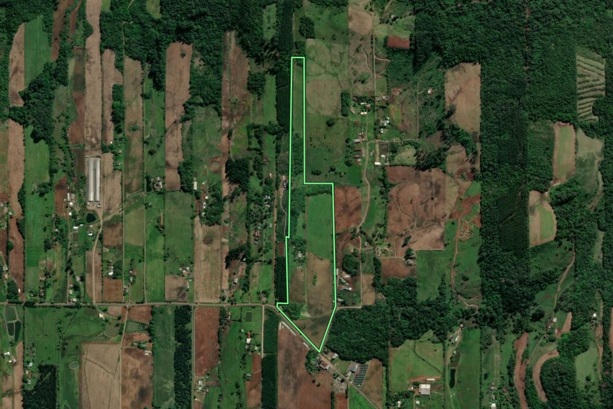 Imagem de satélite do imóvel rural em Teutônia (RS), com o contorno declarado no CAR desenhado por cima.