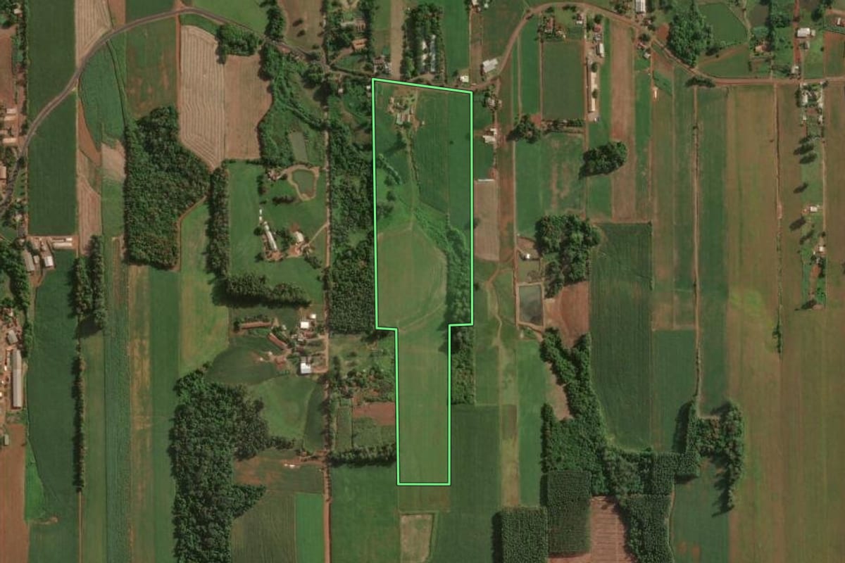 Imagem de satélite do imóvel rural em Teutônia (RS), com o contorno declarado no CAR desenhado por cima.