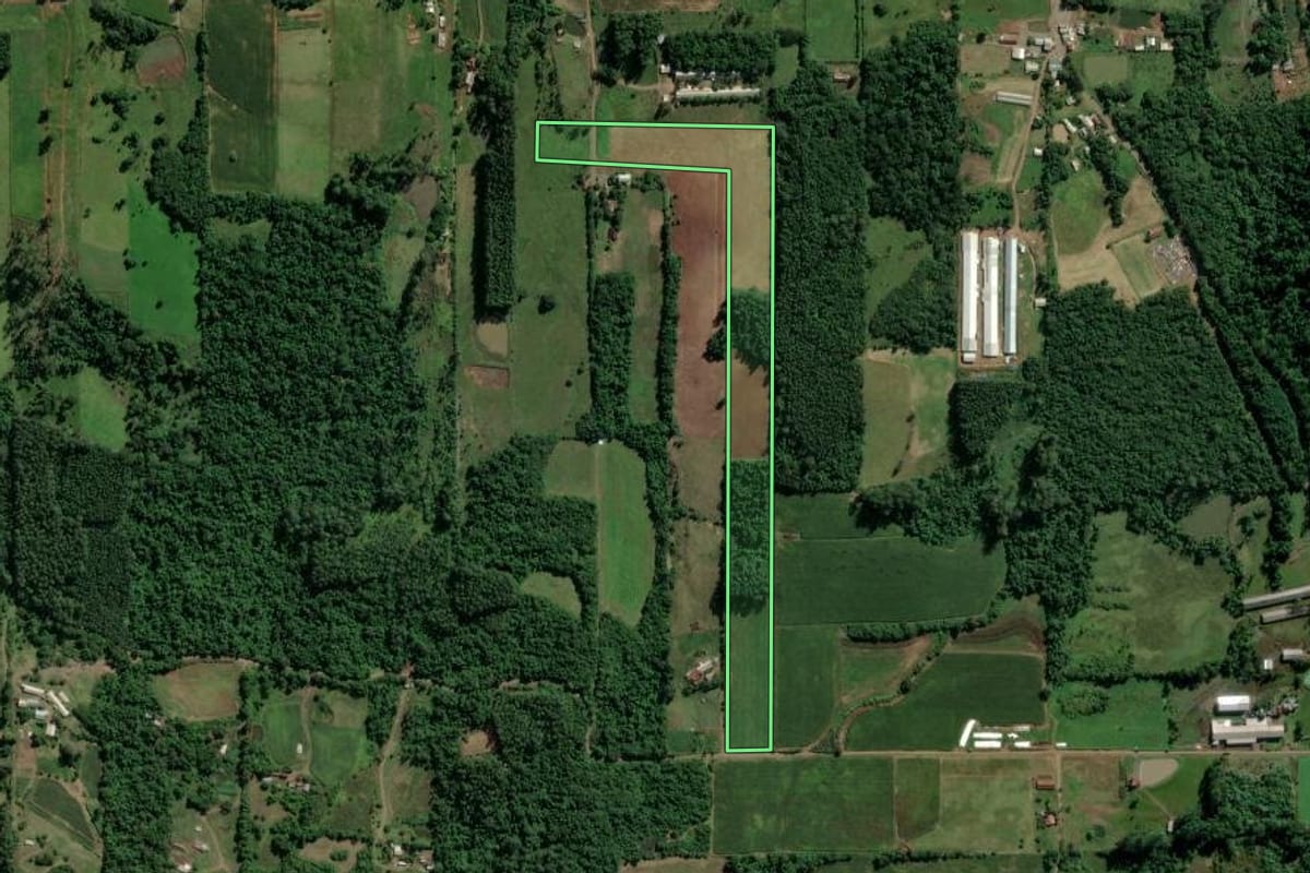 Imagem de satélite do imóvel rural em Teutônia (RS), com o contorno declarado no CAR desenhado por cima.