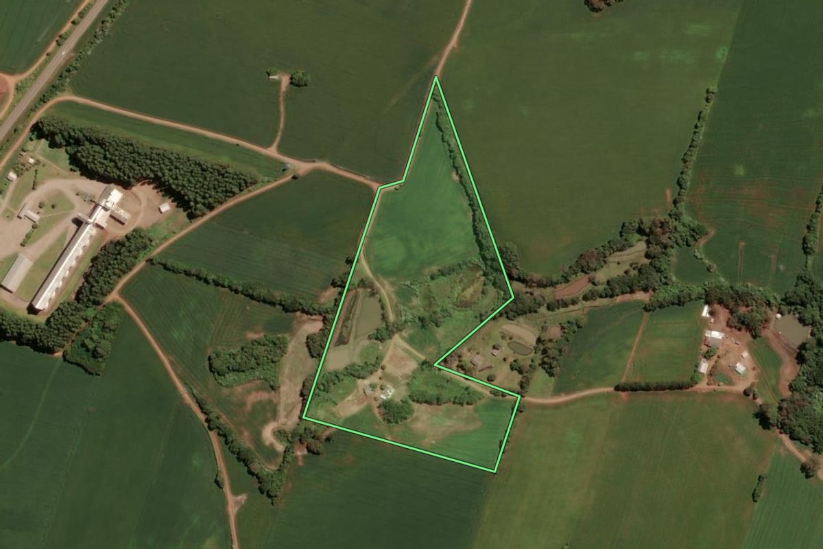 Imagem de satélite do imóvel rural em Tio Hugo (RS), com o contorno declarado no CAR desenhado por cima.