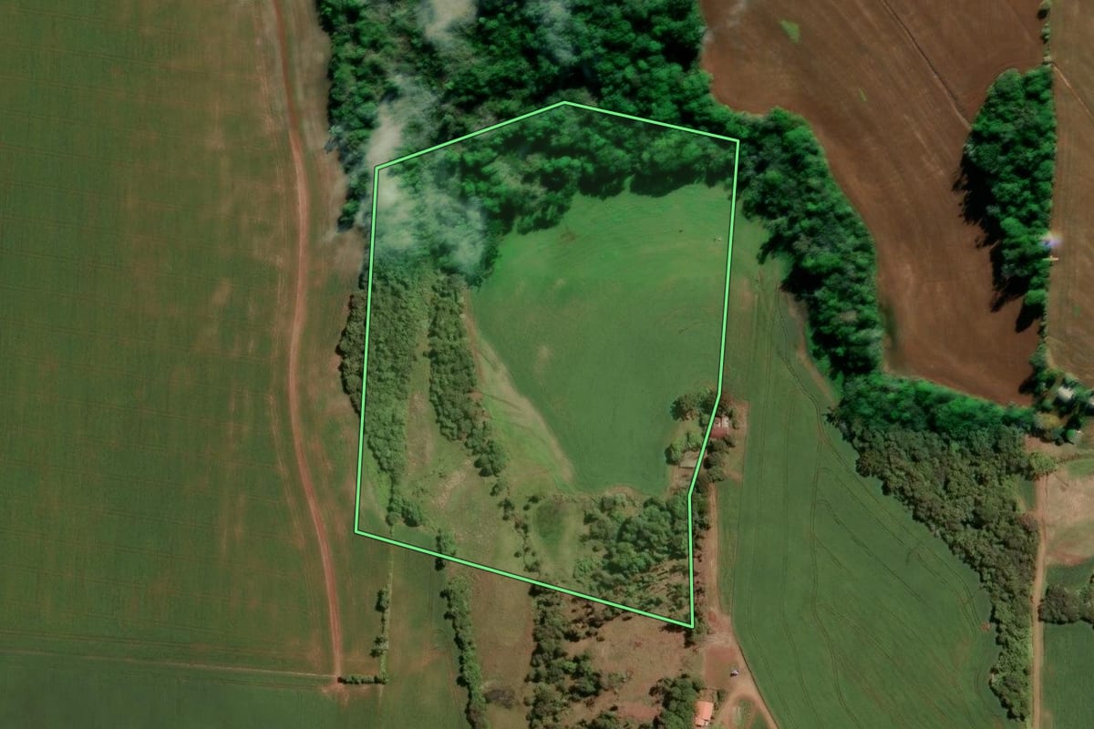 Imagem de satélite do imóvel rural em Tio Hugo (RS), com o contorno declarado no CAR desenhado por cima.