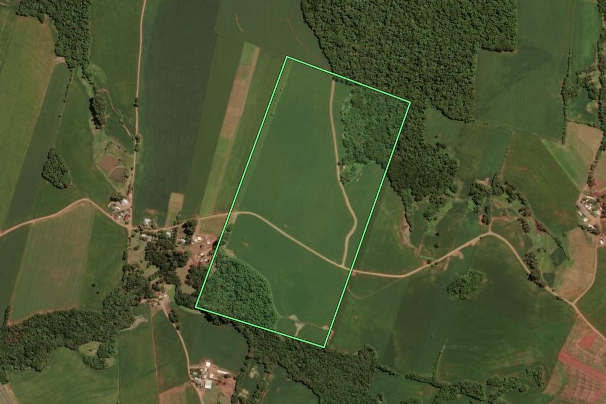 Imagem de satélite do imóvel rural em Tio Hugo (RS), com o contorno declarado no CAR desenhado por cima.