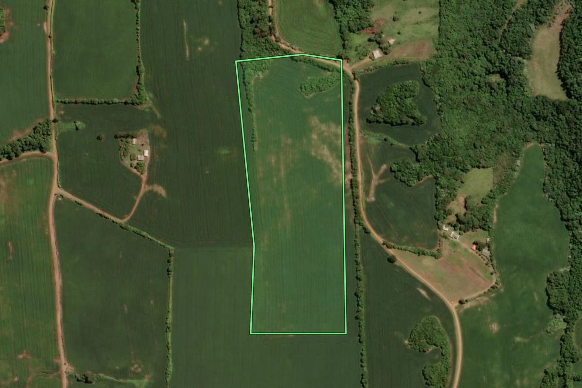 Imagem de satélite do imóvel rural em Tio Hugo (RS), com o contorno declarado no CAR desenhado por cima.