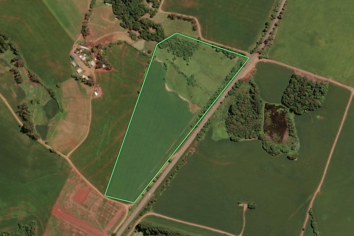 Imagem de satélite do imóvel rural em Tio Hugo (RS), com o contorno declarado no CAR desenhado por cima.