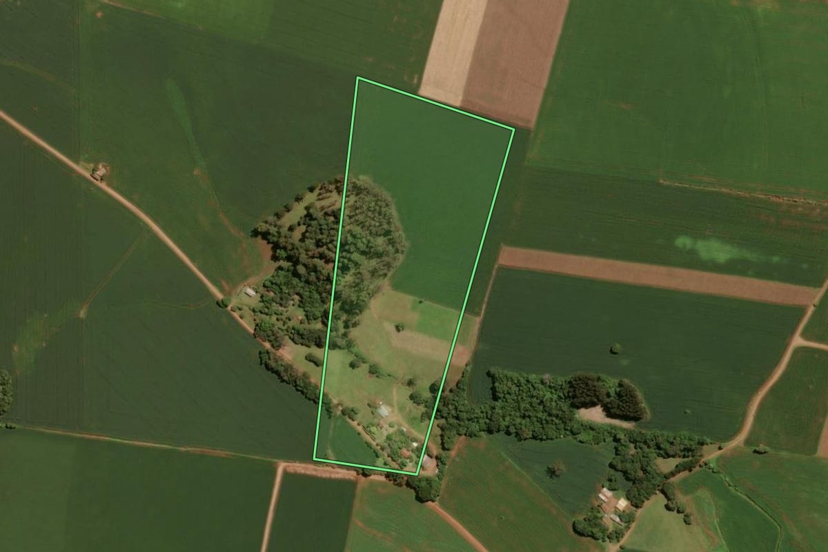 Imagem de satélite do imóvel rural em Tio Hugo (RS), com o contorno declarado no CAR desenhado por cima.