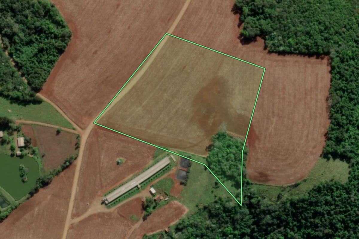 Imagem de satélite do imóvel rural em Tiradentes do Sul (RS), com o contorno declarado no CAR desenhado por cima.