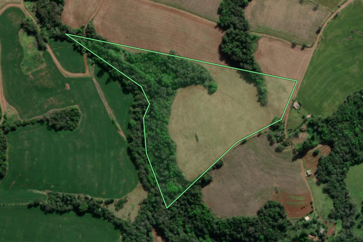 Imagem de satélite do imóvel rural em Tiradentes do Sul (RS), com o contorno declarado no CAR desenhado por cima.