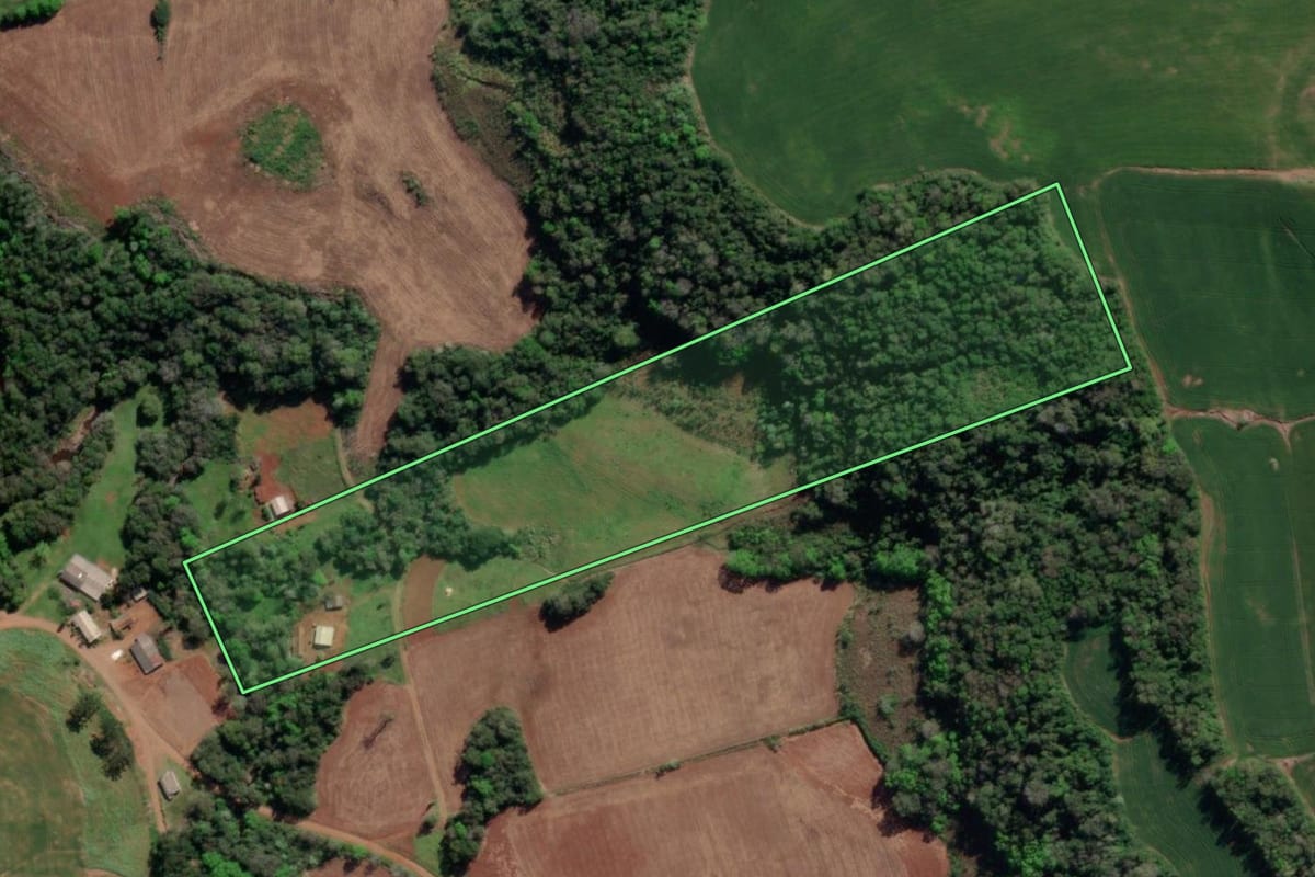 Imagem de satélite do imóvel rural em Tiradentes do Sul (RS), com o contorno declarado no CAR desenhado por cima.
