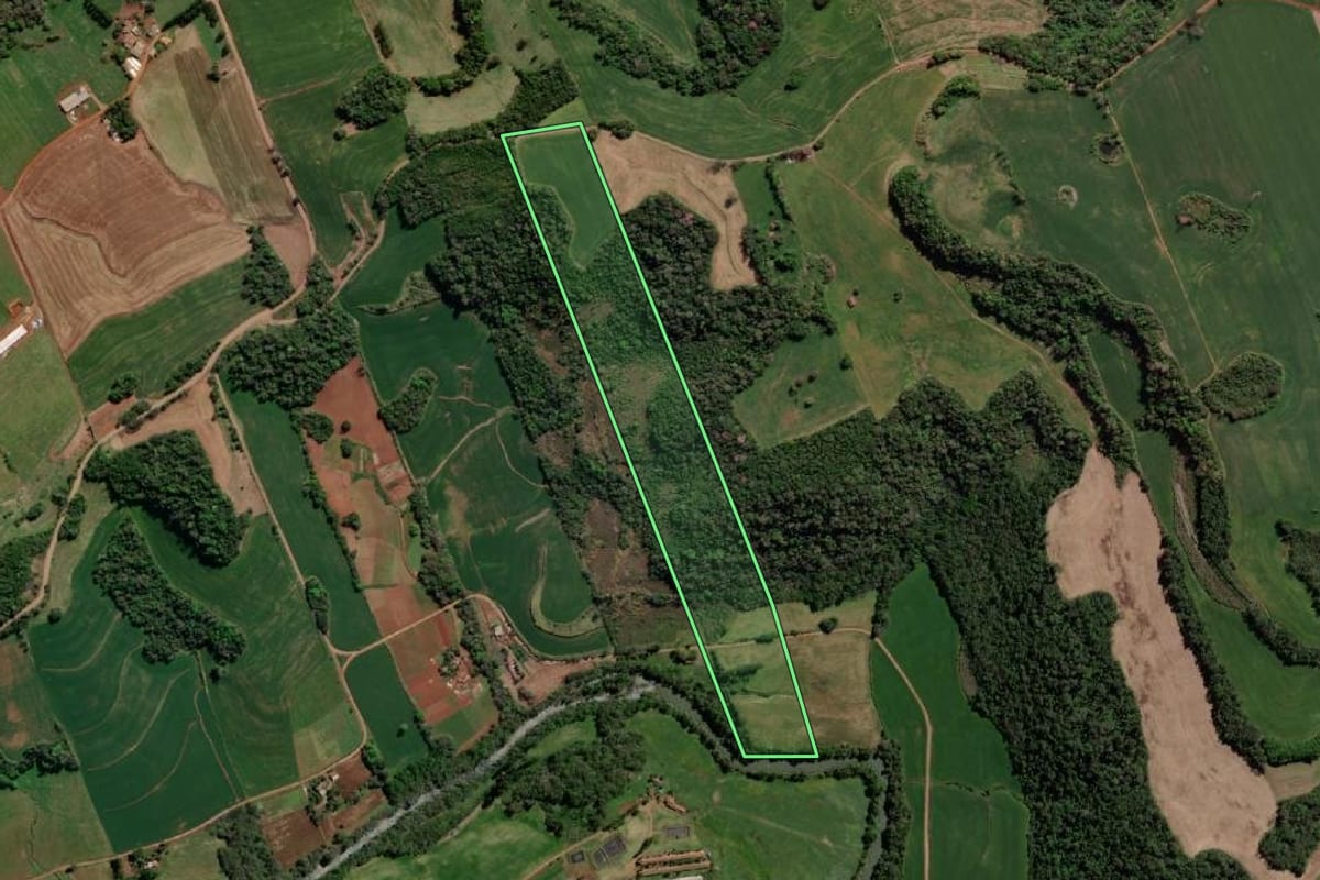 Imagem de satélite do imóvel rural em Tiradentes do Sul (RS), com o contorno declarado no CAR desenhado por cima.