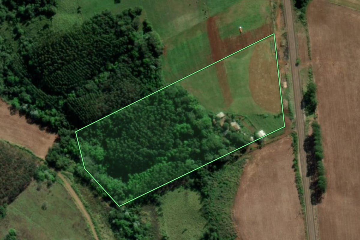 Imagem de satélite do imóvel rural em Tiradentes do Sul (RS), com o contorno declarado no CAR desenhado por cima.