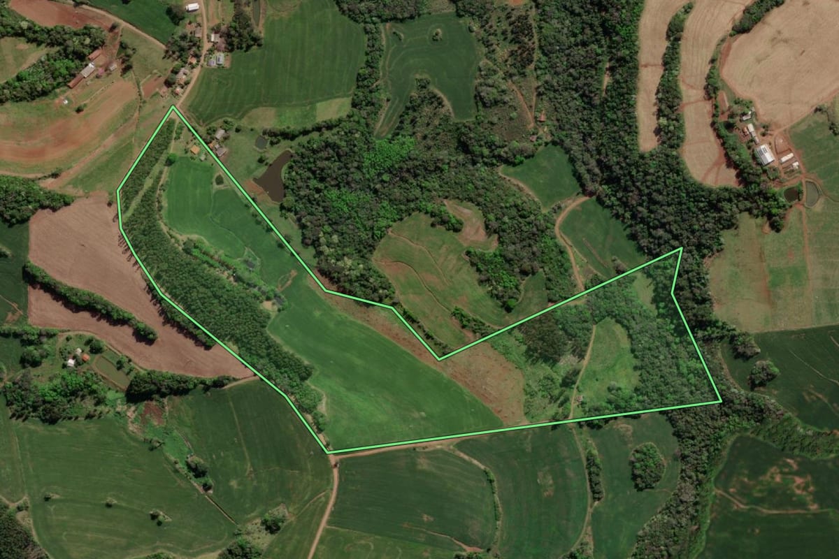 Imagem de satélite do imóvel rural em Tiradentes do Sul (RS), com o contorno declarado no CAR desenhado por cima.