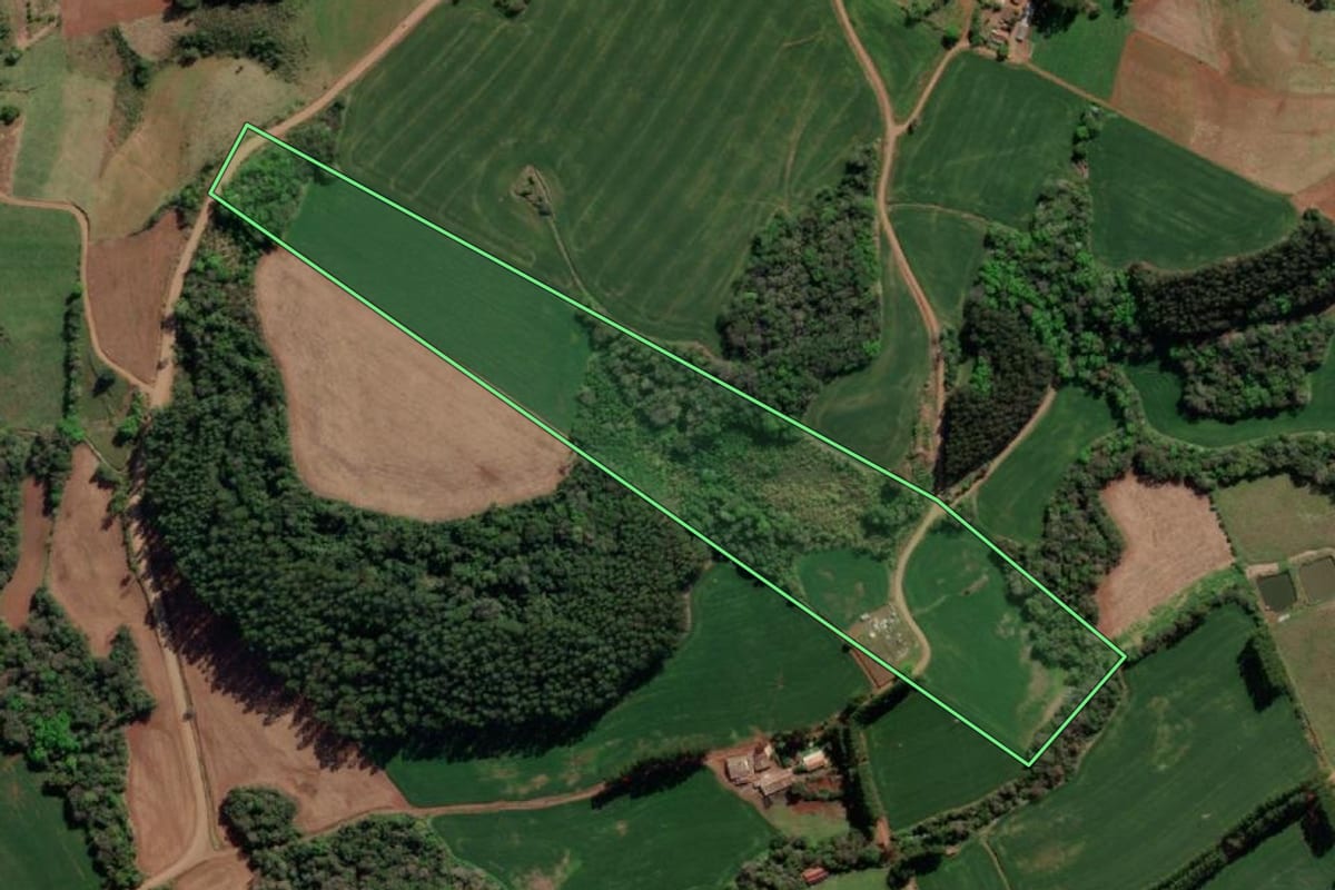 Imagem de satélite do imóvel rural em Tiradentes do Sul (RS), com o contorno declarado no CAR desenhado por cima.