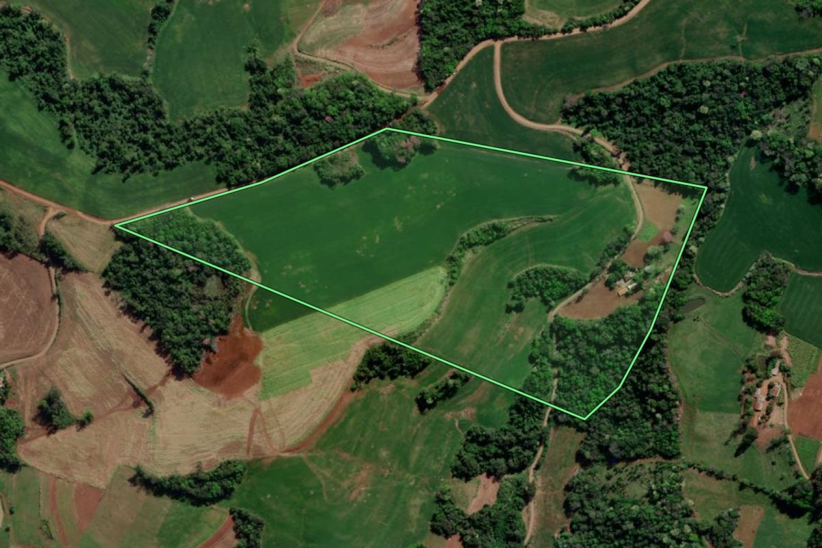Imagem de satélite do imóvel rural em Tiradentes do Sul (RS), com o contorno declarado no CAR desenhado por cima.