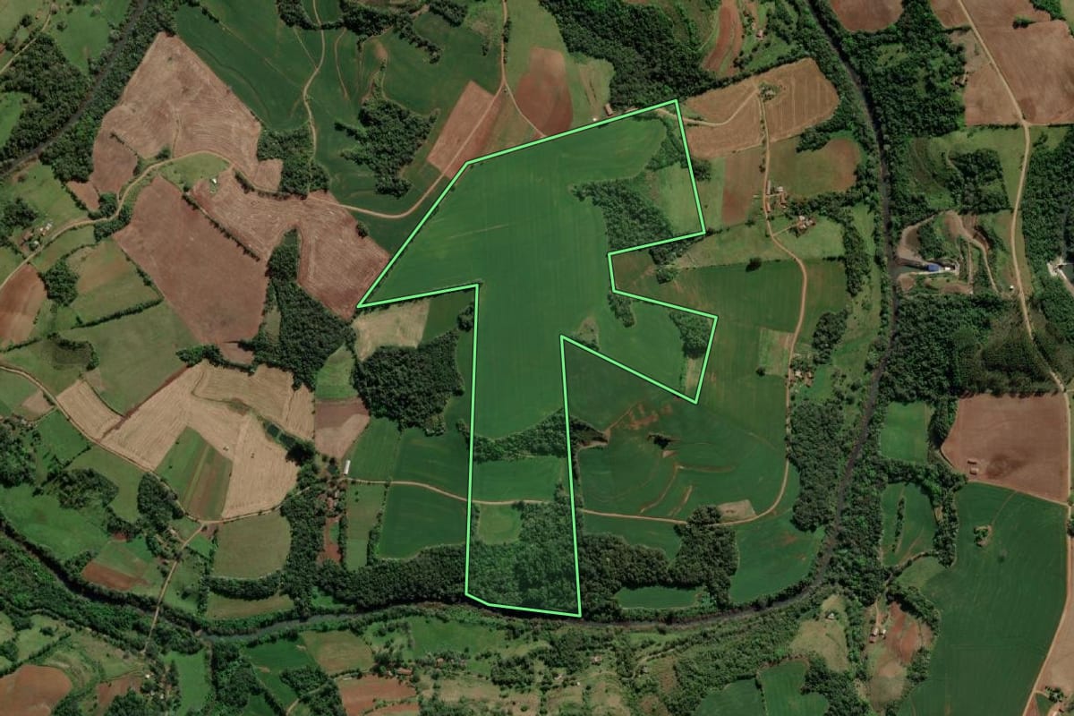 Imagem de satélite do imóvel rural em Tiradentes do Sul (RS), com o contorno declarado no CAR desenhado por cima.
