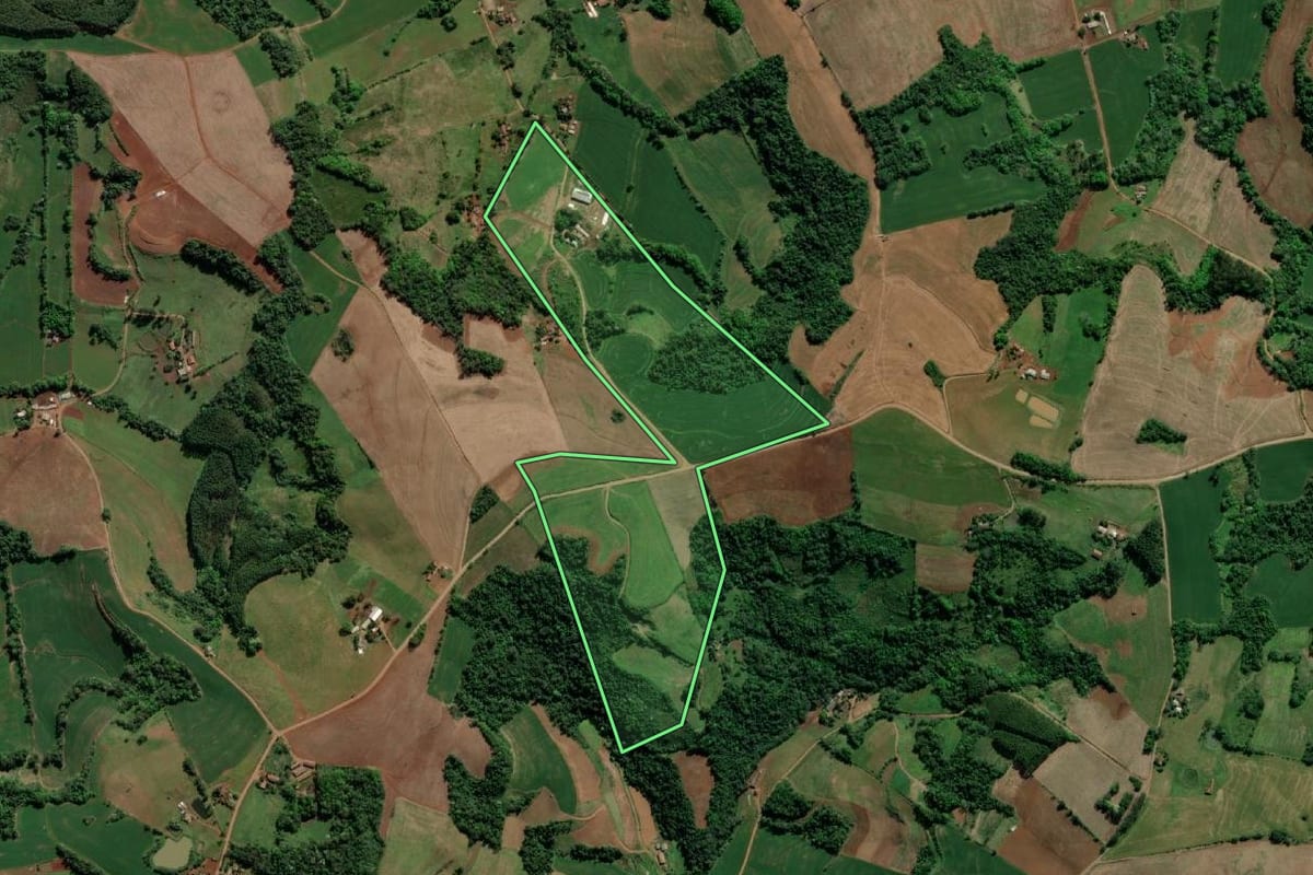 Imagem de satélite do imóvel rural em Tiradentes do Sul (RS), com o contorno declarado no CAR desenhado por cima.