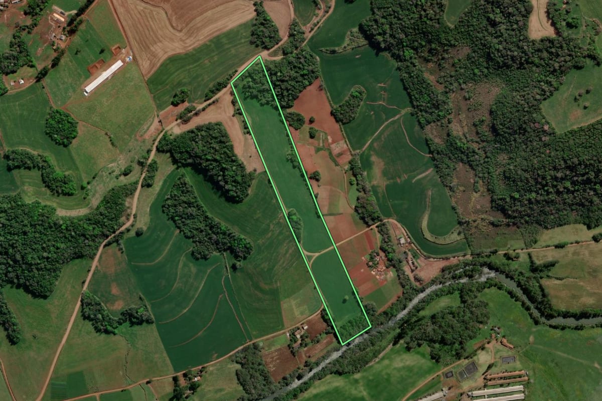 Imagem de satélite do imóvel rural em Tiradentes do Sul (RS), com o contorno declarado no CAR desenhado por cima.
