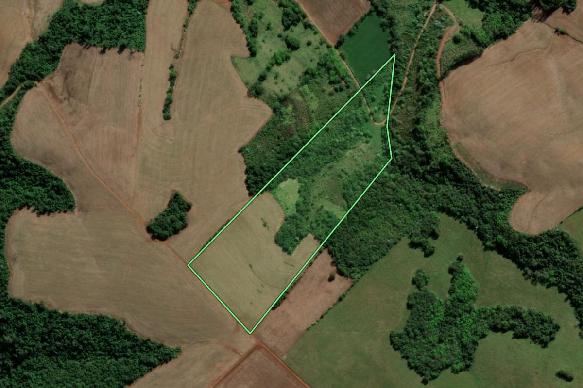 Imagem de satélite do imóvel rural em Tiradentes do Sul (RS), com o contorno declarado no CAR desenhado por cima.