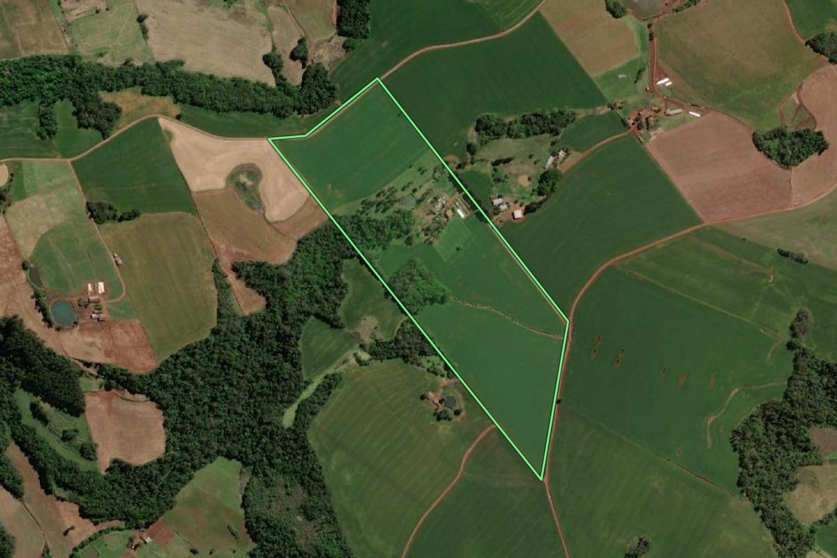 Imagem de satélite do imóvel rural em Tiradentes do Sul (RS), com o contorno declarado no CAR desenhado por cima.