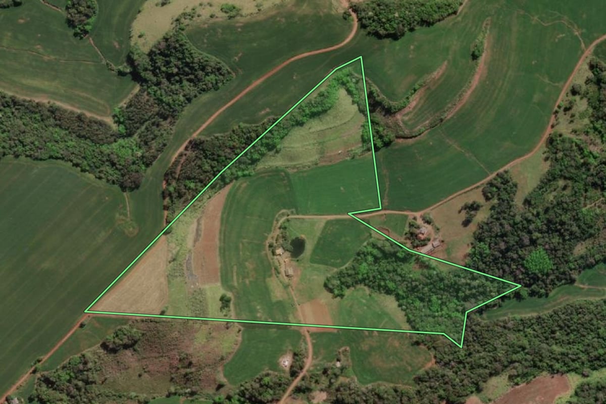 Imagem de satélite do imóvel rural em Tiradentes do Sul (RS), com o contorno declarado no CAR desenhado por cima.