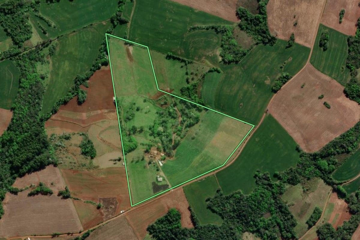 Imagem de satélite do imóvel rural em Tiradentes do Sul (RS), com o contorno declarado no CAR desenhado por cima.