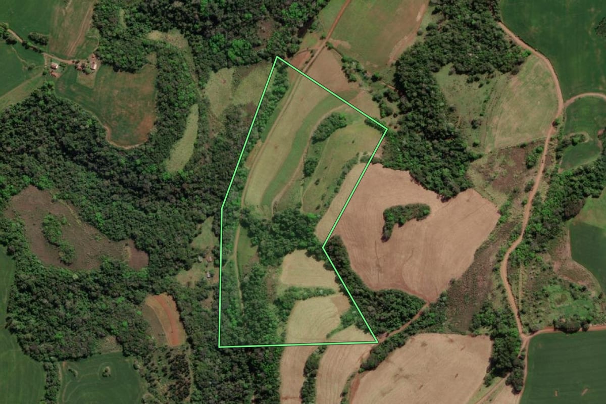 Imagem de satélite do imóvel rural em Tiradentes do Sul (RS), com o contorno declarado no CAR desenhado por cima.
