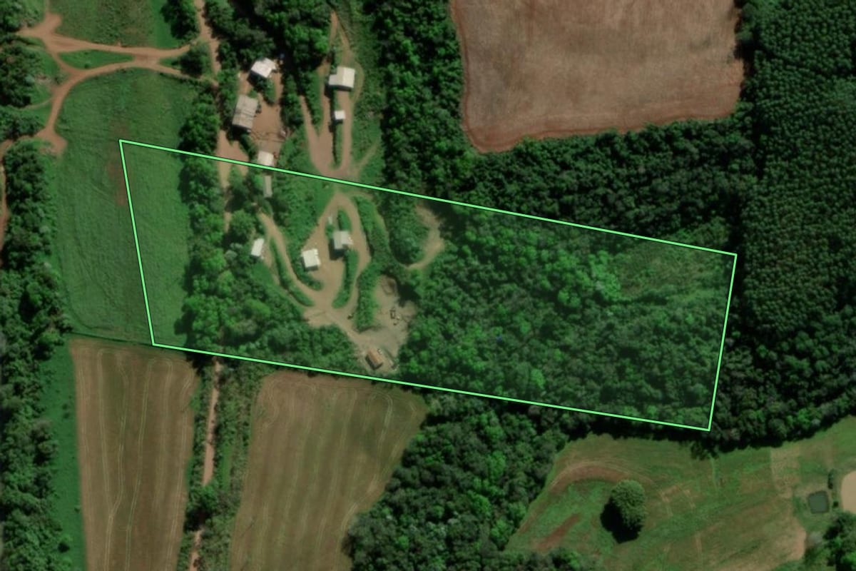 Imagem de satélite do imóvel rural em Tiradentes do Sul (RS), com o contorno declarado no CAR desenhado por cima.
