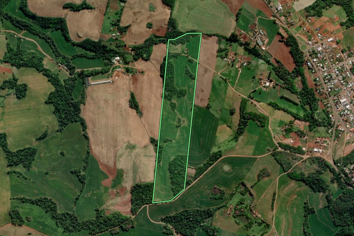Imagem de satélite do imóvel rural em Tiradentes do Sul (RS), com o contorno declarado no CAR desenhado por cima.