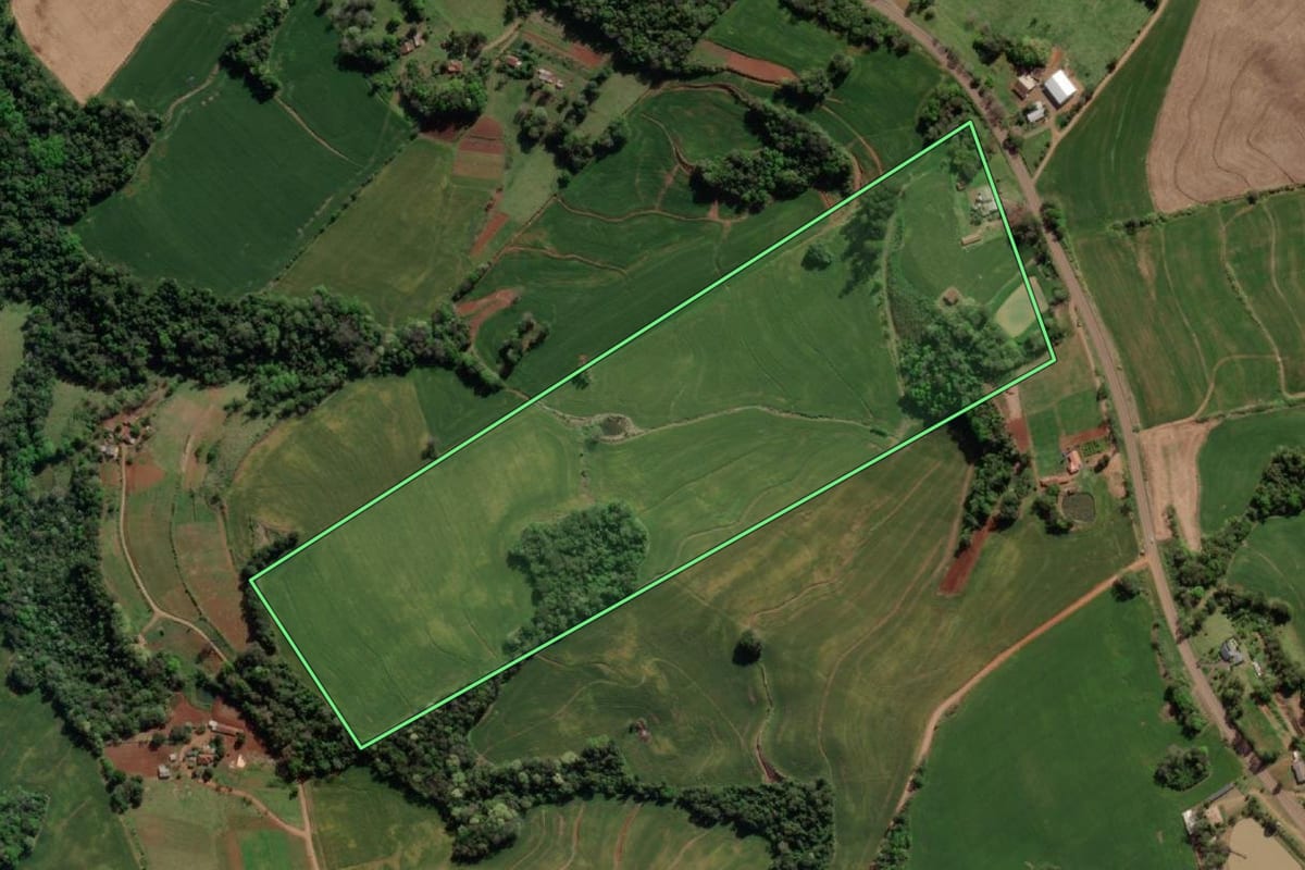 Imagem de satélite do imóvel rural em Tiradentes do Sul (RS), com o contorno declarado no CAR desenhado por cima.