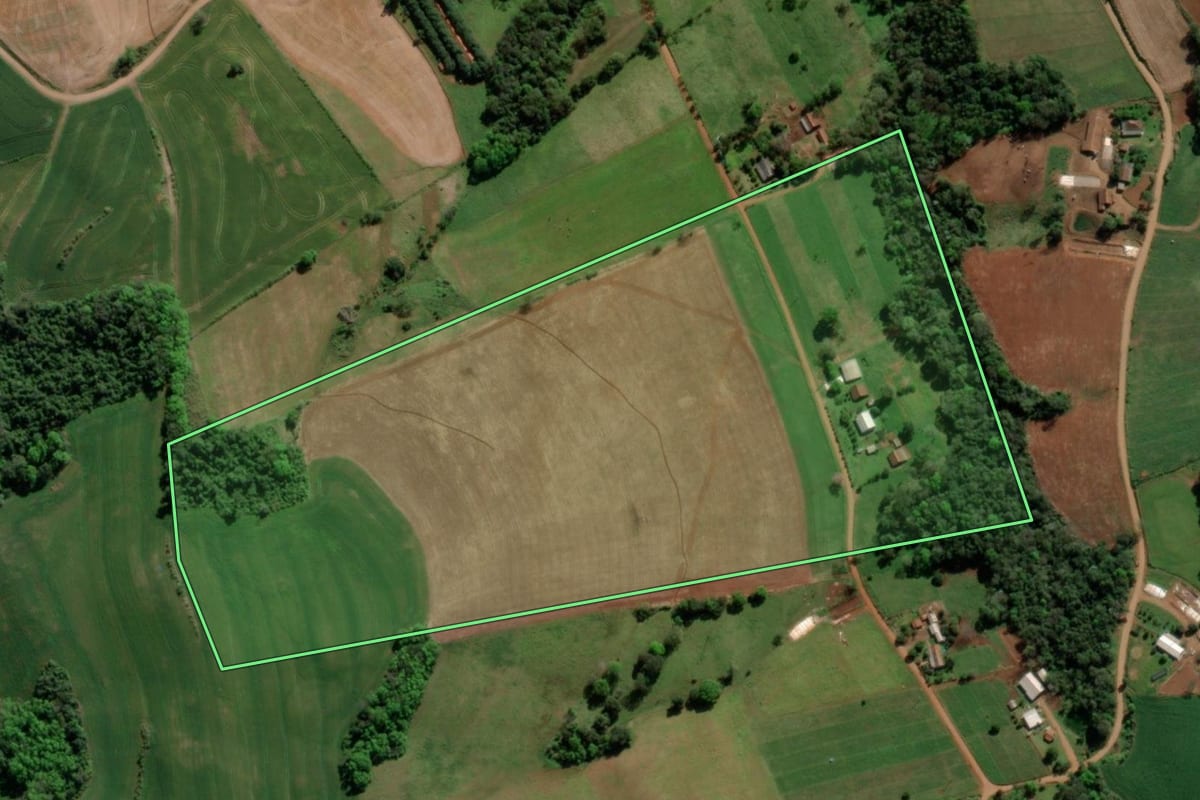 Imagem de satélite do imóvel rural em Tiradentes do Sul (RS), com o contorno declarado no CAR desenhado por cima.