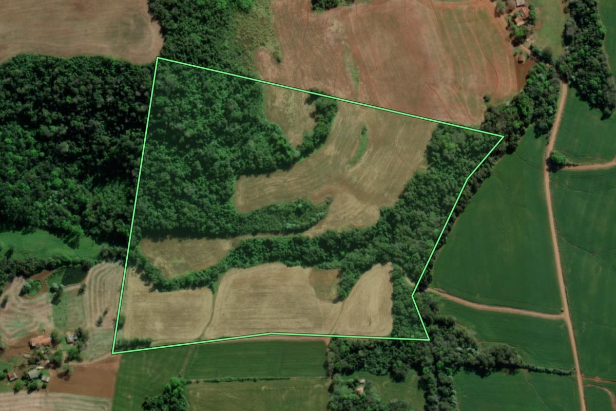 Imagem de satélite do imóvel rural em Tiradentes do Sul (RS), com o contorno declarado no CAR desenhado por cima.
