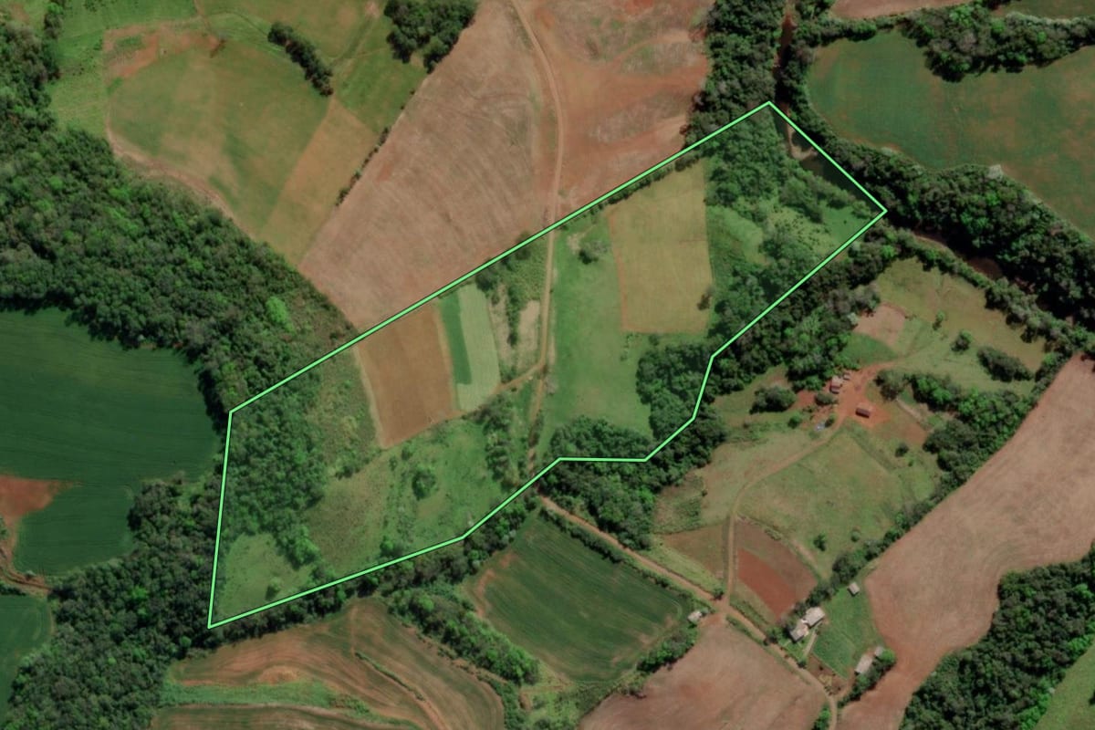 Imagem de satélite do imóvel rural em Tiradentes do Sul (RS), com o contorno declarado no CAR desenhado por cima.