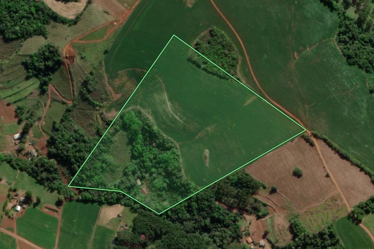Imagem de satélite do imóvel rural em Tiradentes do Sul (RS), com o contorno declarado no CAR desenhado por cima.