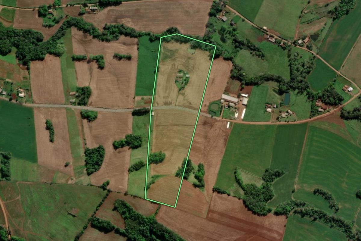 Imagem de satélite do imóvel rural em Tiradentes do Sul (RS), com o contorno declarado no CAR desenhado por cima.