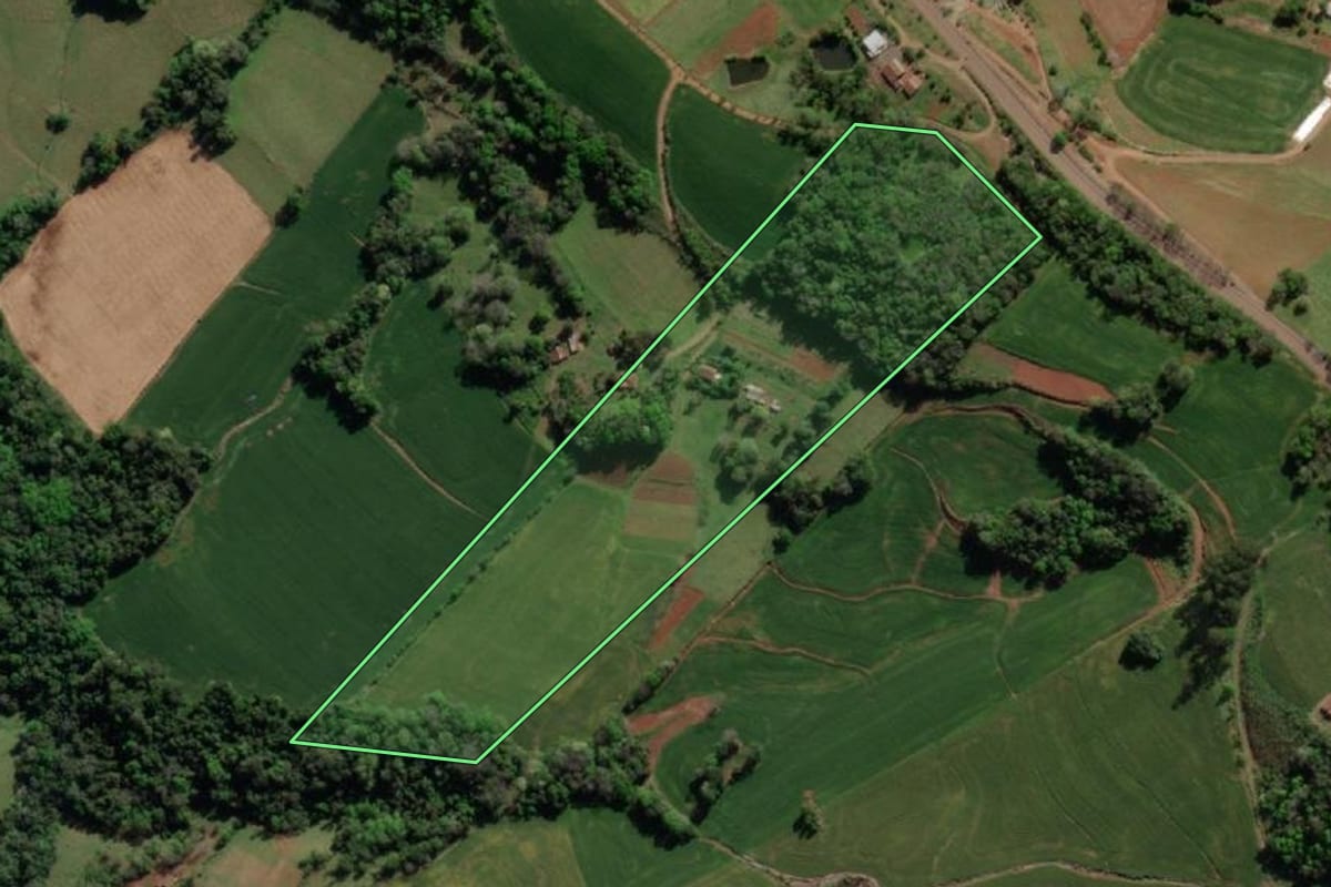 Imagem de satélite do imóvel rural em Tiradentes do Sul (RS), com o contorno declarado no CAR desenhado por cima.