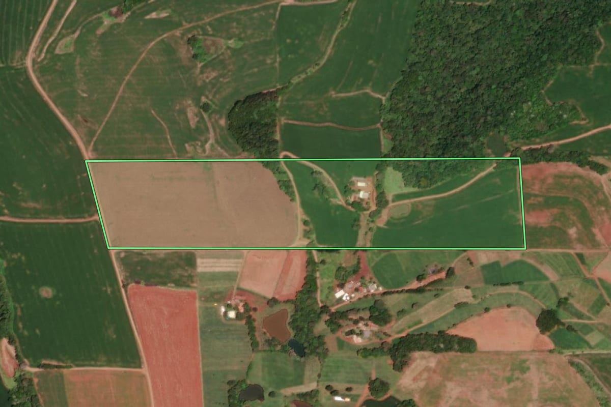 Imagem de satélite do imóvel rural em Tiradentes do Sul (RS), com o contorno declarado no CAR desenhado por cima.