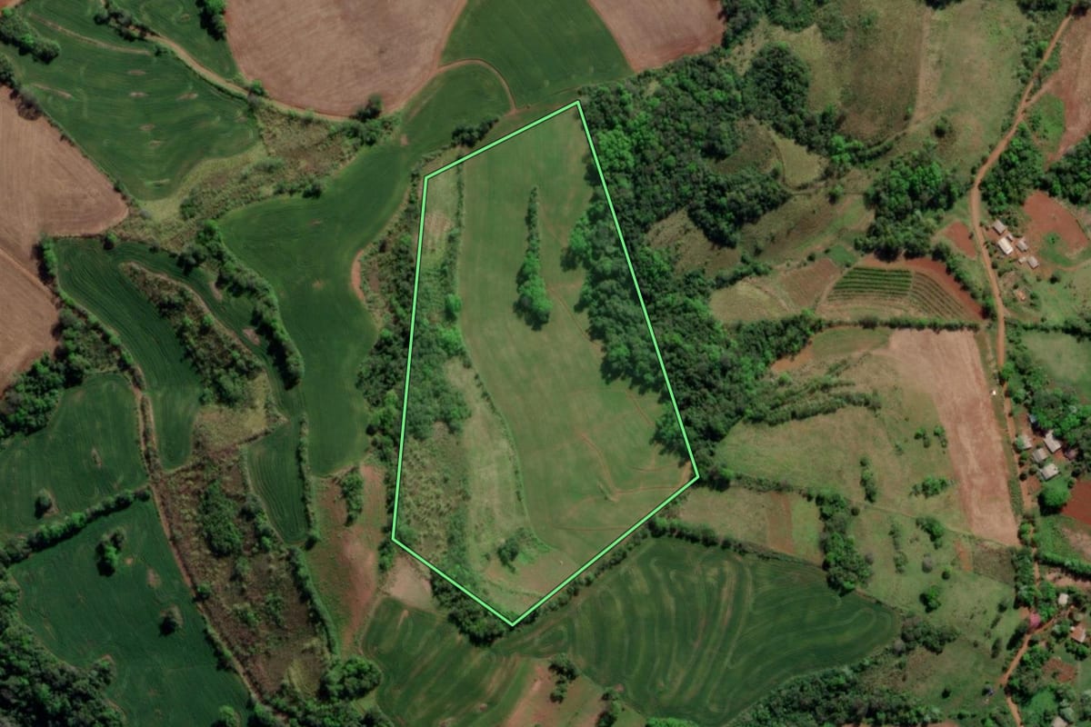 Imagem de satélite do imóvel rural em Tiradentes do Sul (RS), com o contorno declarado no CAR desenhado por cima.