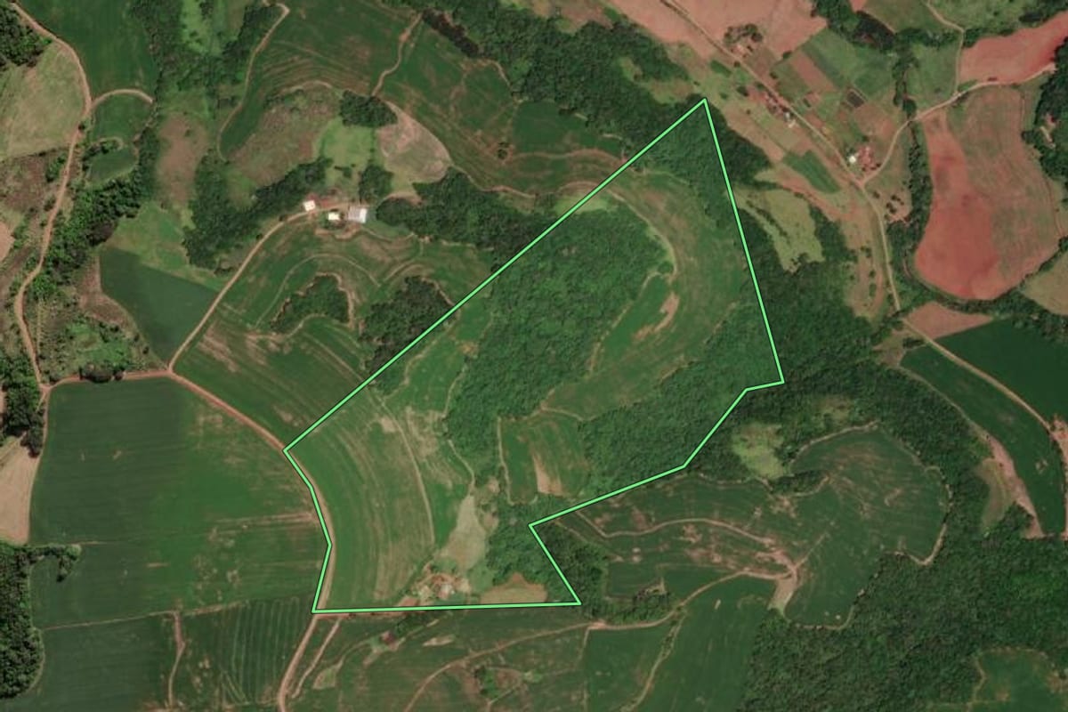 Imagem de satélite do imóvel rural em Tiradentes do Sul (RS), com o contorno declarado no CAR desenhado por cima.